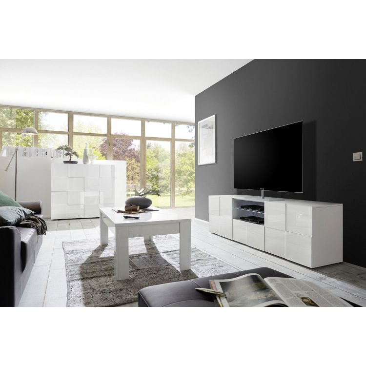 Meuble tv blanc 2 portes avec rehausse tv de salon design