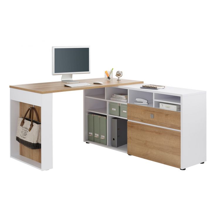 Bureau d'angle style nature chêne/blanc Baptiste