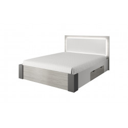 Lit coffre adulte contemporain chêne clair/blanc/gris Heliane