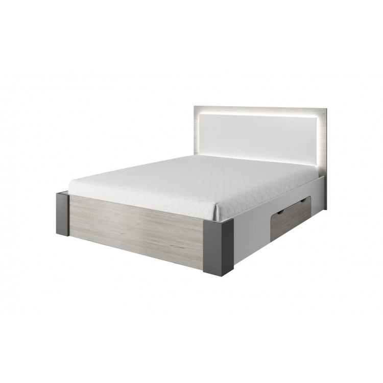 Lit coffre adulte contemporain chêne clair/blanc/gris Heliane