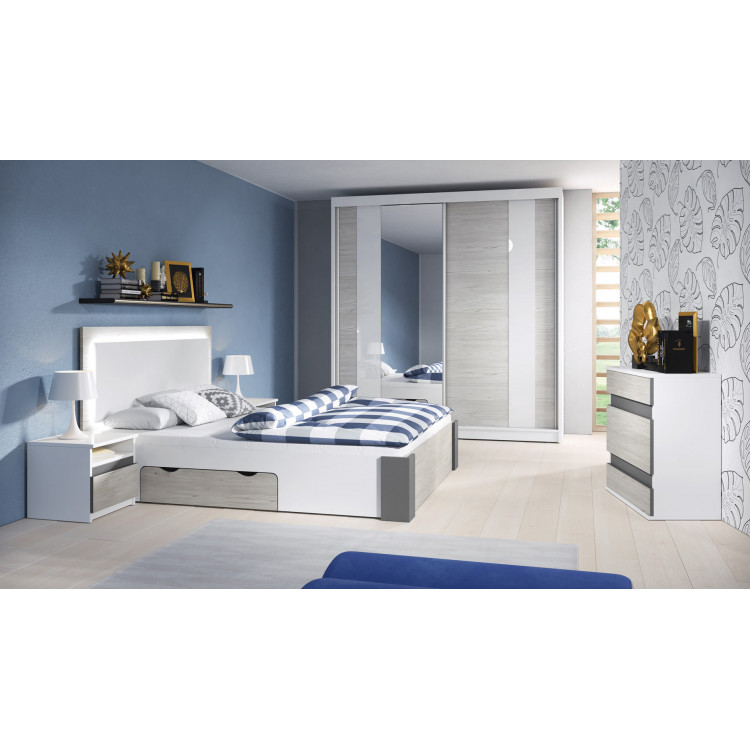 Chambre adulte contemporaine chêne clair/blanc/gris Heliane