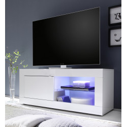 Meuble TV moderne 140 cm laqué blanc brillant Agathe