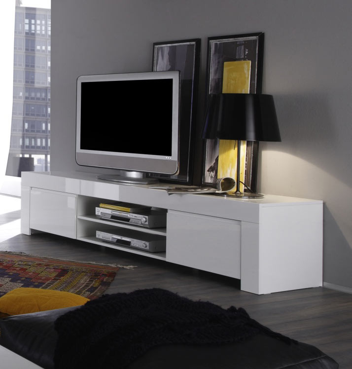 Meuble tv blanc laqué et chêne 150 cm de salon moderne