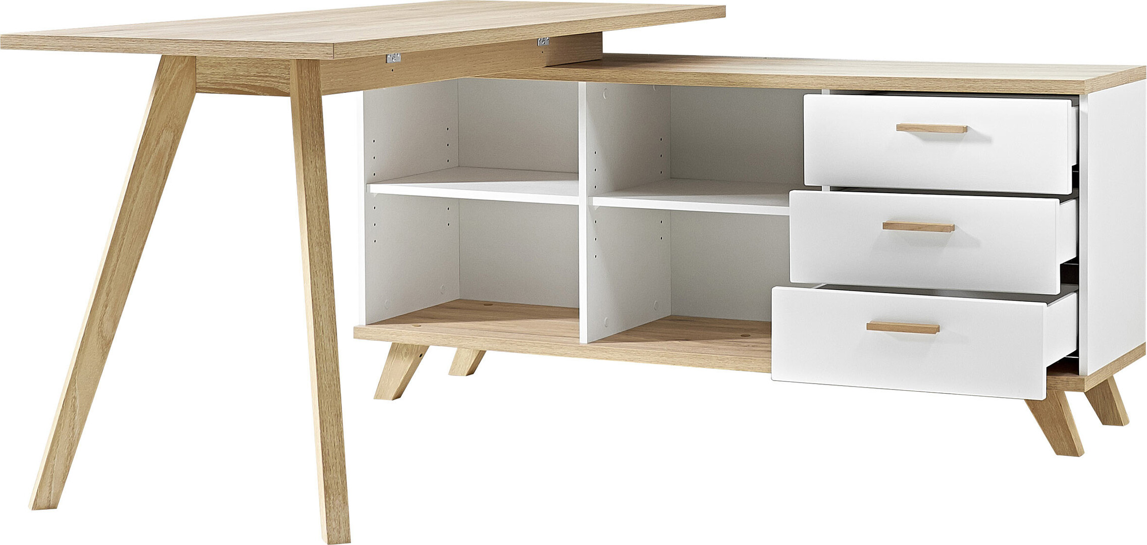 Bureau d'angle Sorbonne 139cm avec espace de rangement - décor chêne/blanc  Scandinave - Composad