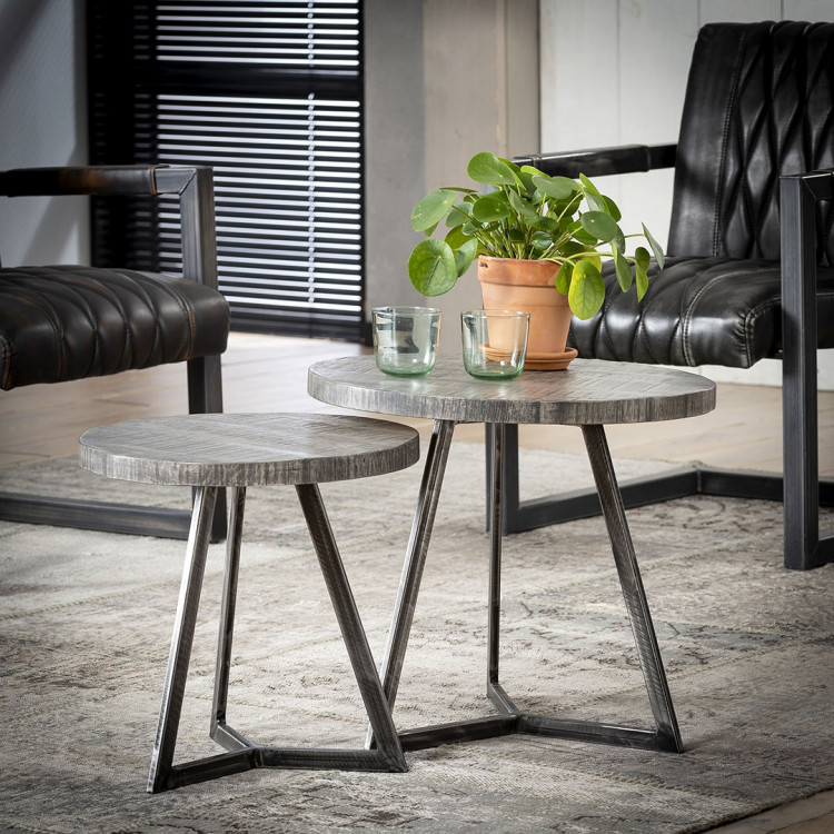 Tables d'appoints rondes industrielles en manguier massif Lucas