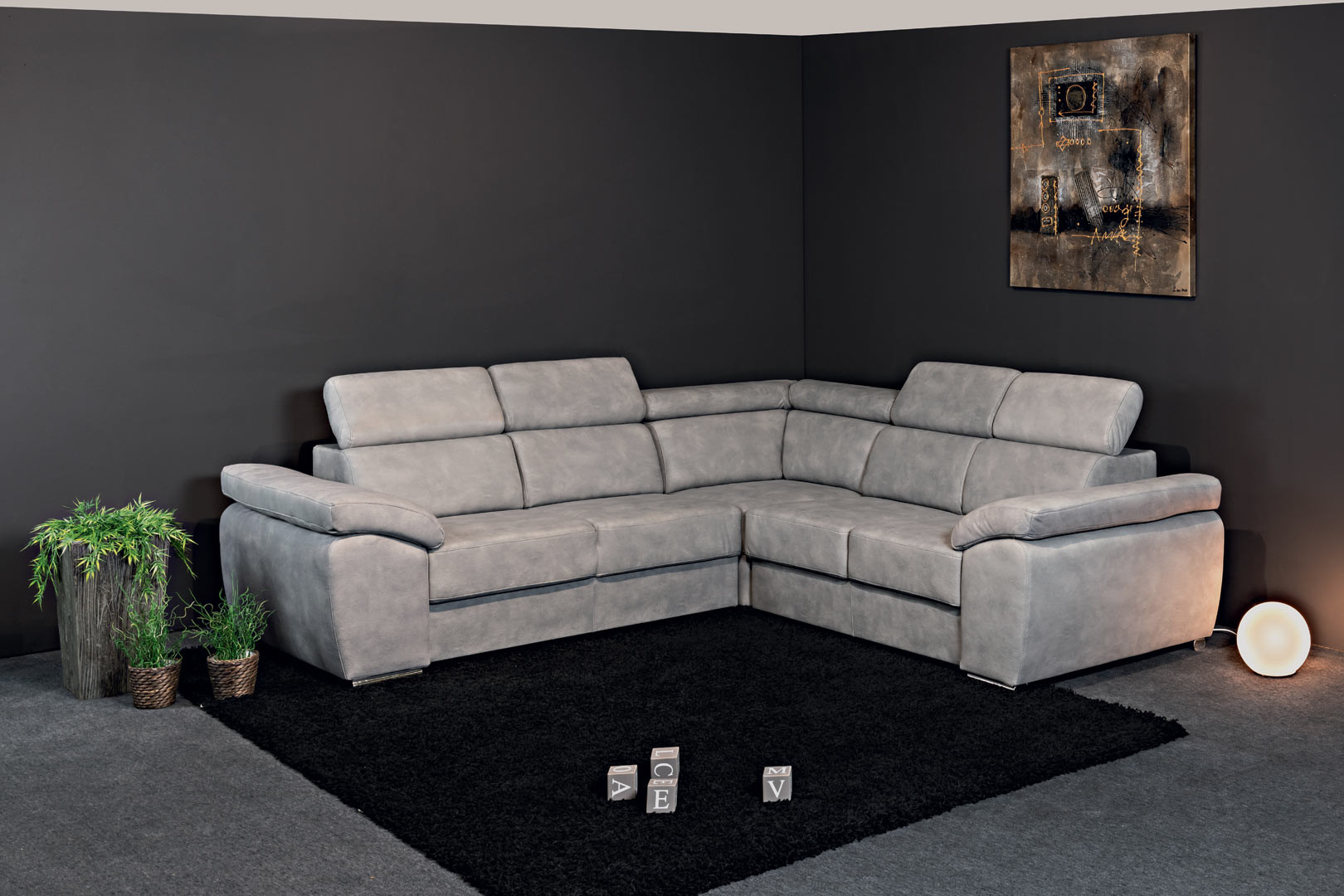 Canapé d'angle moderne en tissu gris clair Orlane