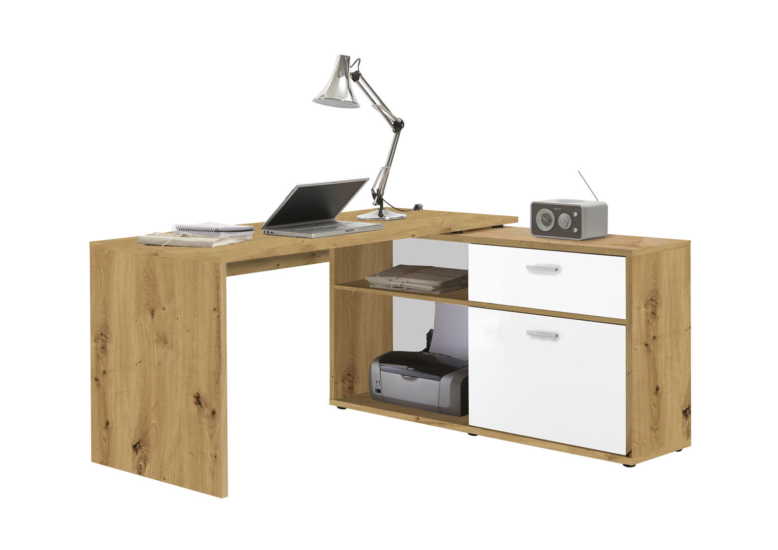 Bureau Ferrante, Bureau multiposition avec bibliothèque, Table d'étude  d'angle avec 1 porte, 111x82h139 cm, Blanc et Chêne Nodi