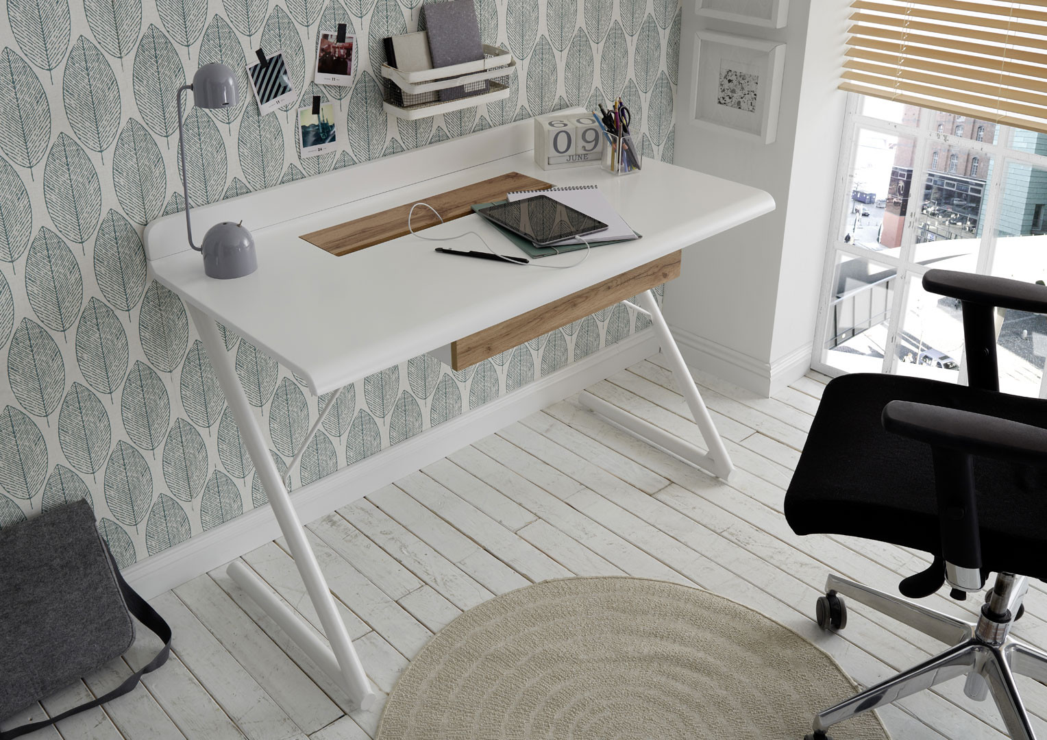 Bureau droit scandinave blanc/chêne Ursula