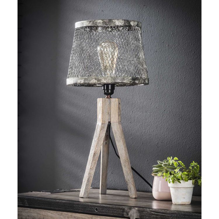 Lampe de table vintage en bois massif et métal gris Fabian