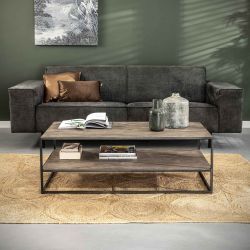 Table basse industrielle en acacia massif gris et métal Léon