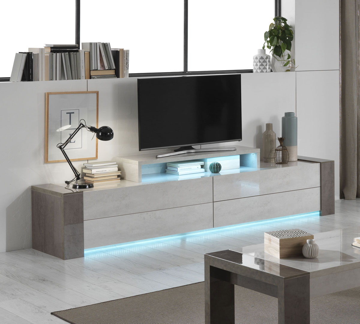  Meuble  TV  moderne  250 cm b ton fonc  b ton clair Evita 