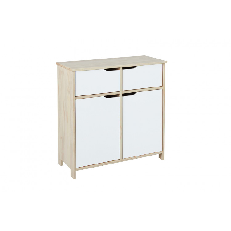 Commode contemporaine 2 portes/2 tiroirs en pin massif naturel/blanc Jessy