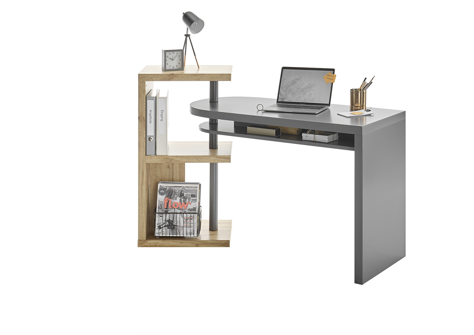 Bureau pivotant avec étagère 145x50x94 cm décor chêne et gris mat