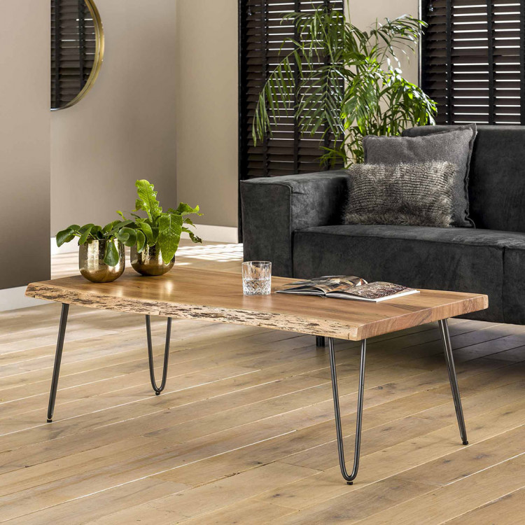 Table basse moderne en bois d'acacia et métal Marius