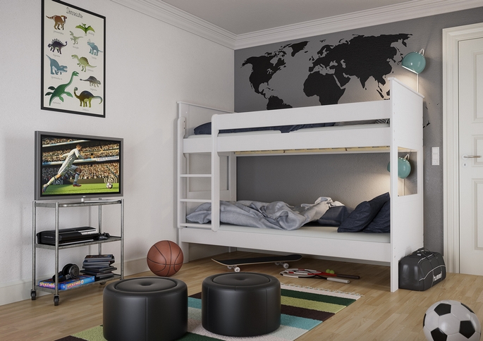 Lits superposés blancs avec échelle et barrière de couchage