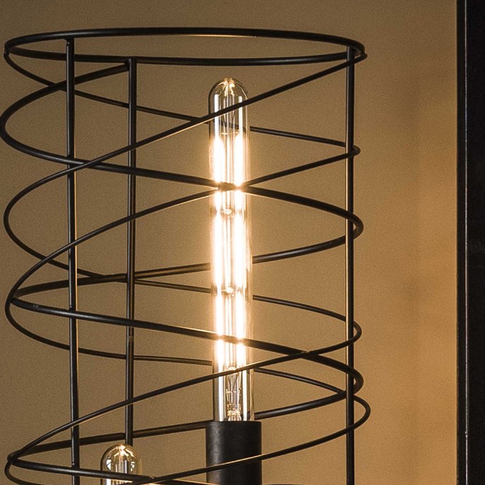 Tube lumineux à filament LED suspendu au centre d'une cage en métal noir