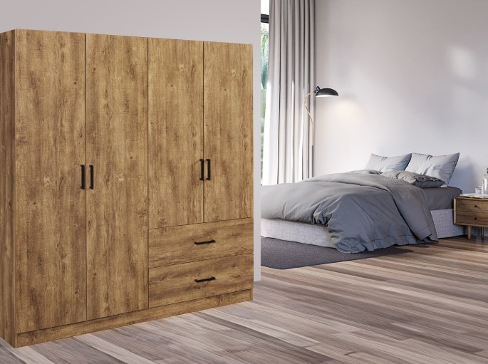 Penderie deux portes battantes en décor chêne dans une chambre lumineuse