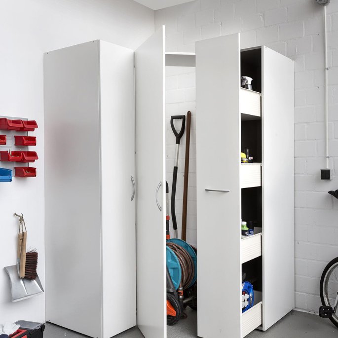 Solution coulissante de rangement pour buanderie, finition blanche