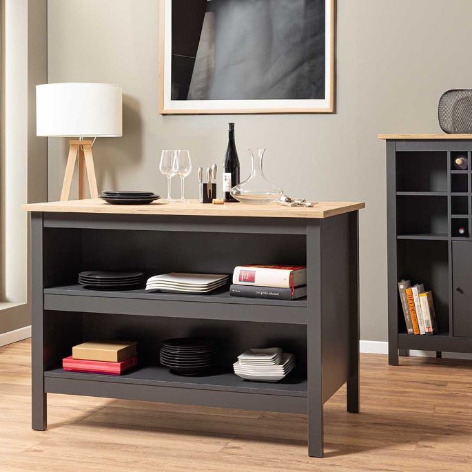 Bahut bas gris foncé avec casier à bouteilles, utilisé comme bar à café