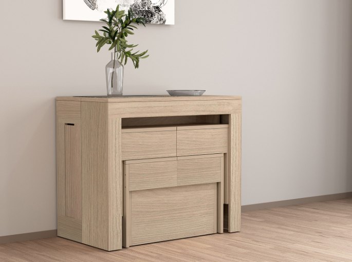 Assise escamotable rangée sous un meuble replié en décor chêne clair