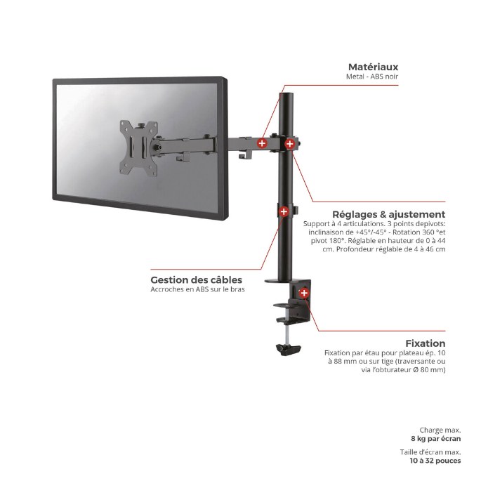 Moniteur fixé sur une colonne avec réglage en hauteur de 0 à 44 cm et profondeur de 4 à 46 cm
