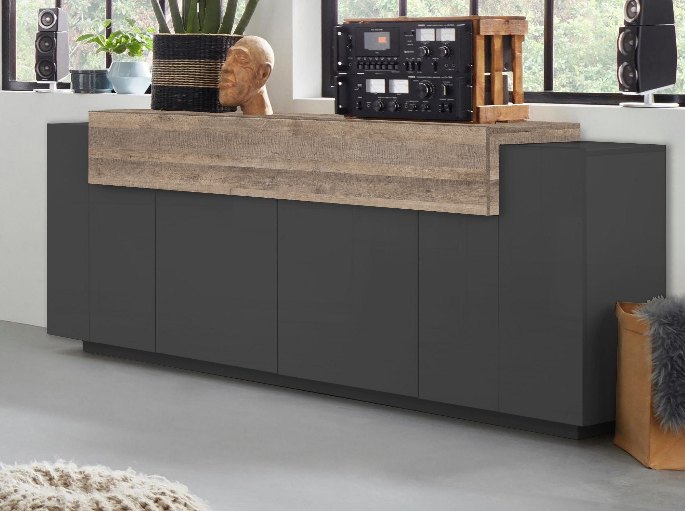 Rangement bas anthracite mat surmonté d'un plateau en bois vieilli