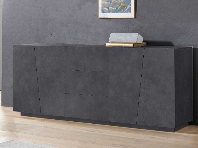 Enfilade basse d'un seul tenant alignée sur un mur en béton ciré