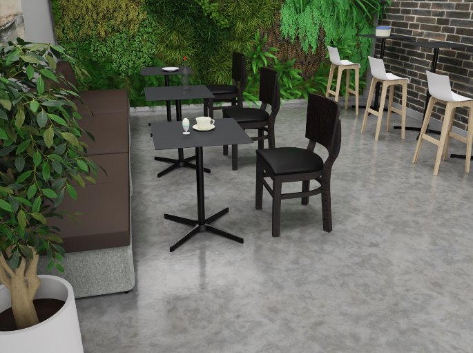 Espace informel avec tables hautes et assises perchées, à l’écart des postes