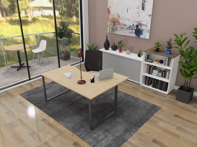 Coin de travail avec sol en parquet, tapis et plantes en pot