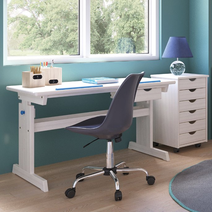Table d'écolier à plateau inclinable et piètement blanc
