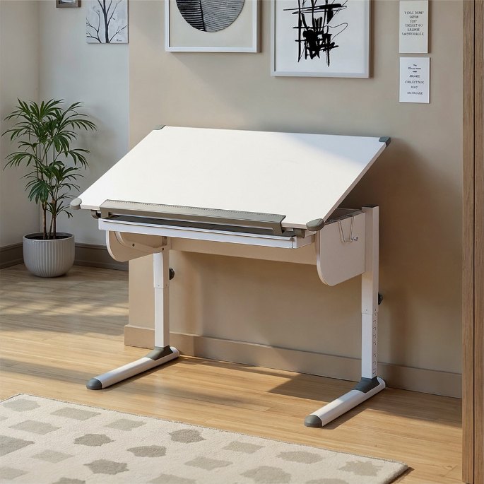 Piètement réglable en hauteur sous un plateau blanc