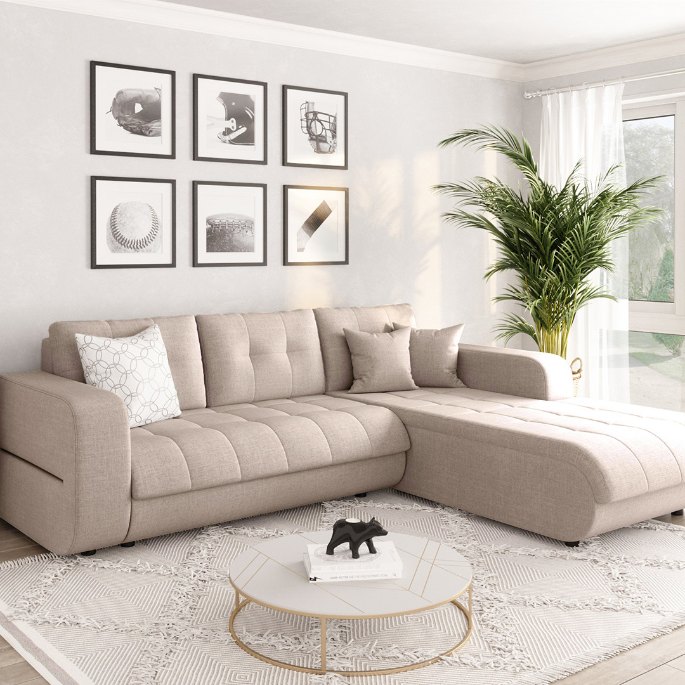 Assise convertible beige ouverte en position de couchage