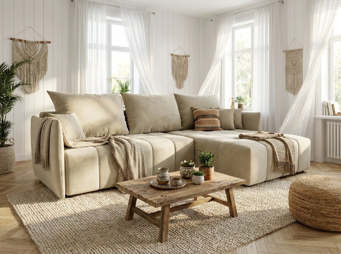 Banquette convertible avec coffre de rangement dans un séjour compact