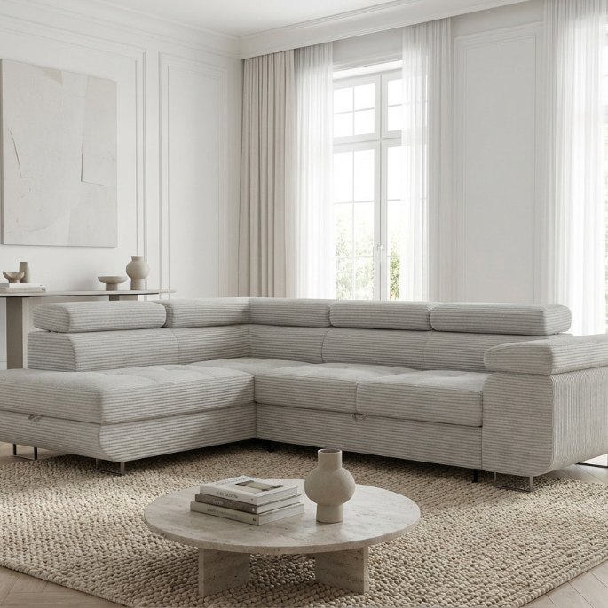 Grande assise gris clair vue de face dans un salon lumineux