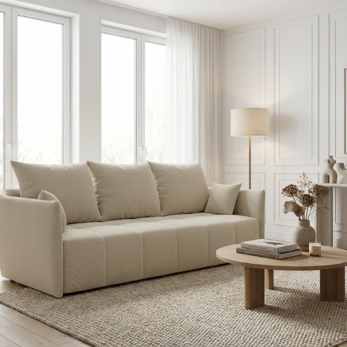 Banquette convertible droite en position assise dans un salon clair