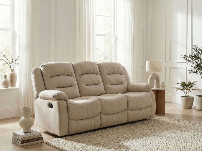Pièce claire avec un trois places de relaxation manuelle en tissu beige