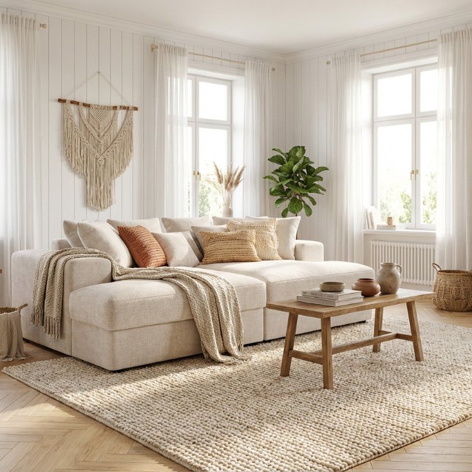 Trois places rectiligne posé face à un meuble bas de salon