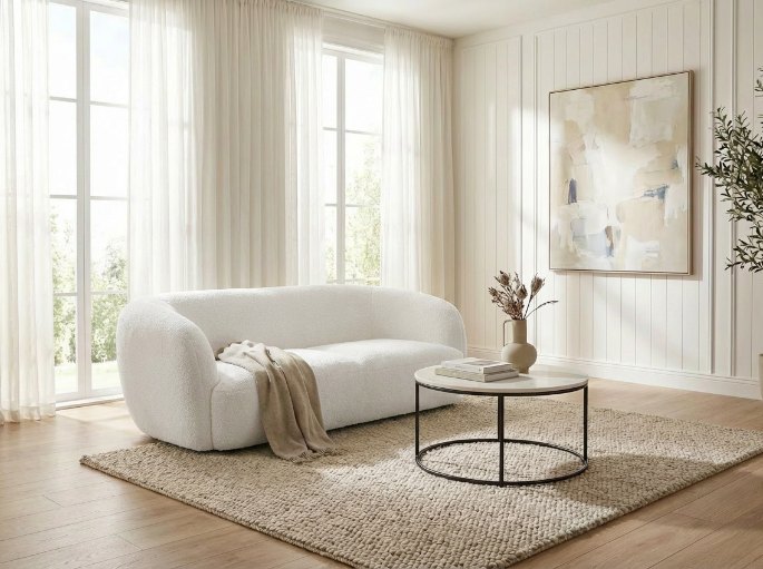 Petit salon lumineux avec un trois places blanc et une table basse ronde