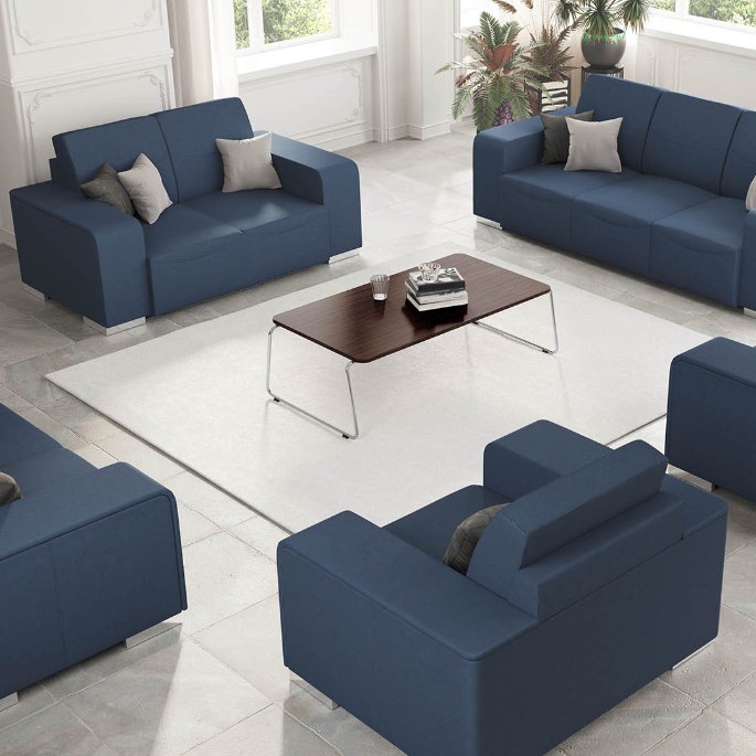 Banquette deux places en tissu, dossier bas et piètement apparent