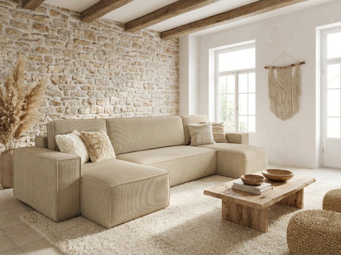 Grande assise convertible beige installée dans un salon ouvert