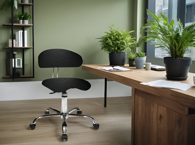 Fauteuil de travail à roulettes installé devant un plan de travail en bois