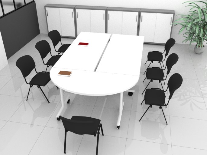 Table ovale blanche entourée de sièges empilables noirs à quatre pieds tubulaires