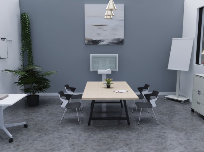 Salle de réunion aux murs gris bleu avec sièges coque blancs autour d'une table en bois clair