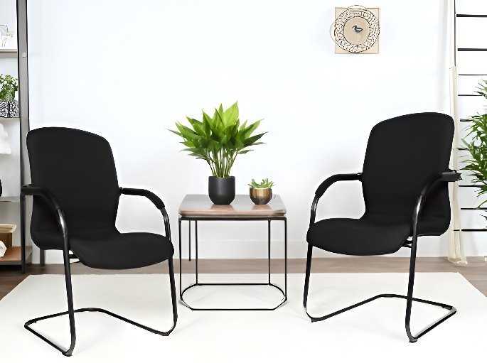 Coin d'attente lumineux avec deux assises noires, une console et une plante verte