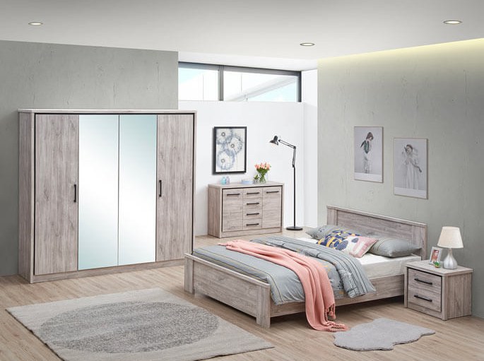 Ensemble de nuit en bois grisé avec penderie à miroir et plaid rose poudré