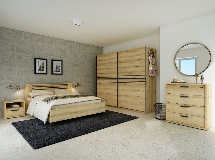 Vue d'une chambre coordonnée avec penderie miroir et coiffeuse