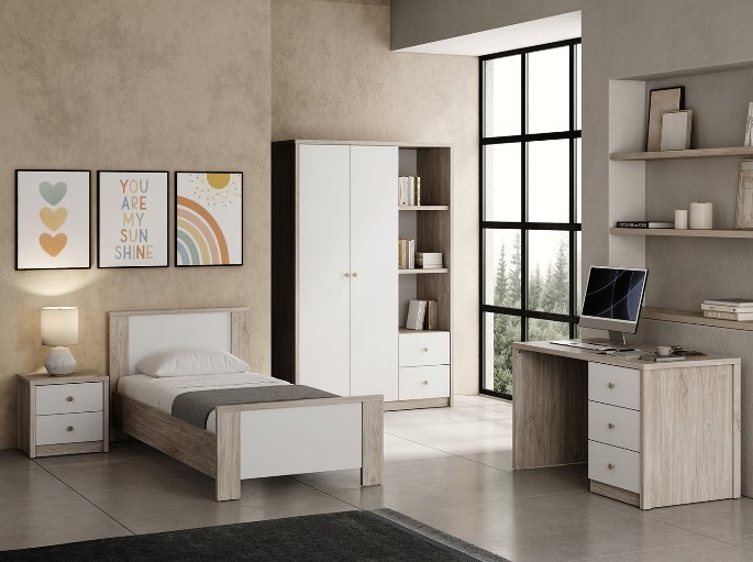Couchage 90 x 190 cm installé dans une pièce d'enfant meublée en bois clair