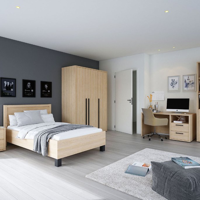 Ensemble coordonné de meubles dans une chambre lumineuse pour deux