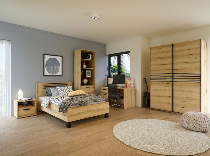 Meuble de rangement et coin repos aménagés dans une salle de sieste