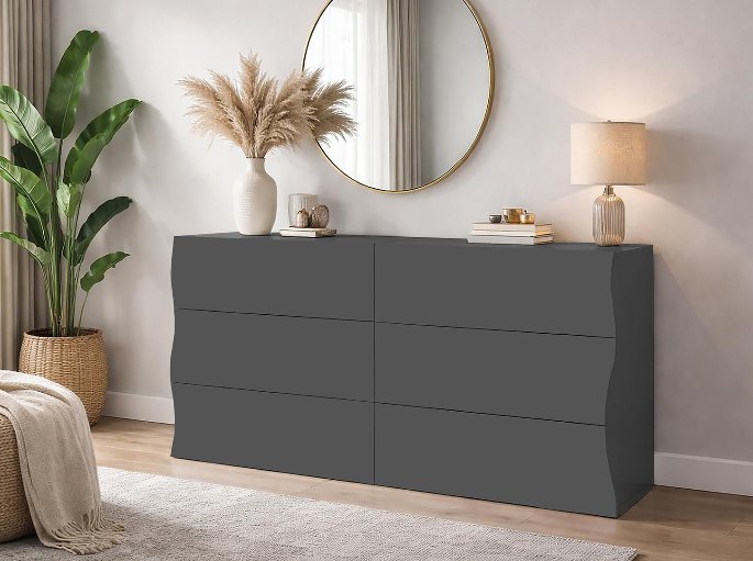 Bloc de rangement sombre de 154 cm de large contre un mur de chambre